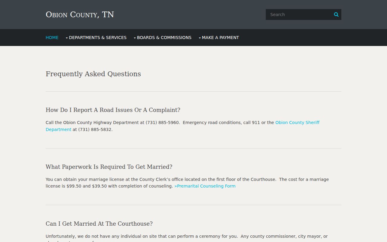 Obion County warrant records and the county FAQ payment routing