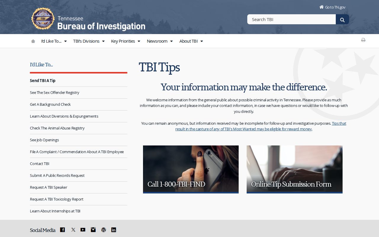 Obion County Most Wanted tip information through Tennessee Bureau of Investigation channels