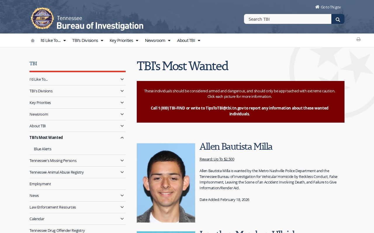 Obion County active warrant information contrasted with TBI Top 10 program criteria